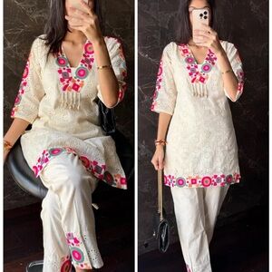 Embroidered Cream/ white cord Set with Pink Accents and shells